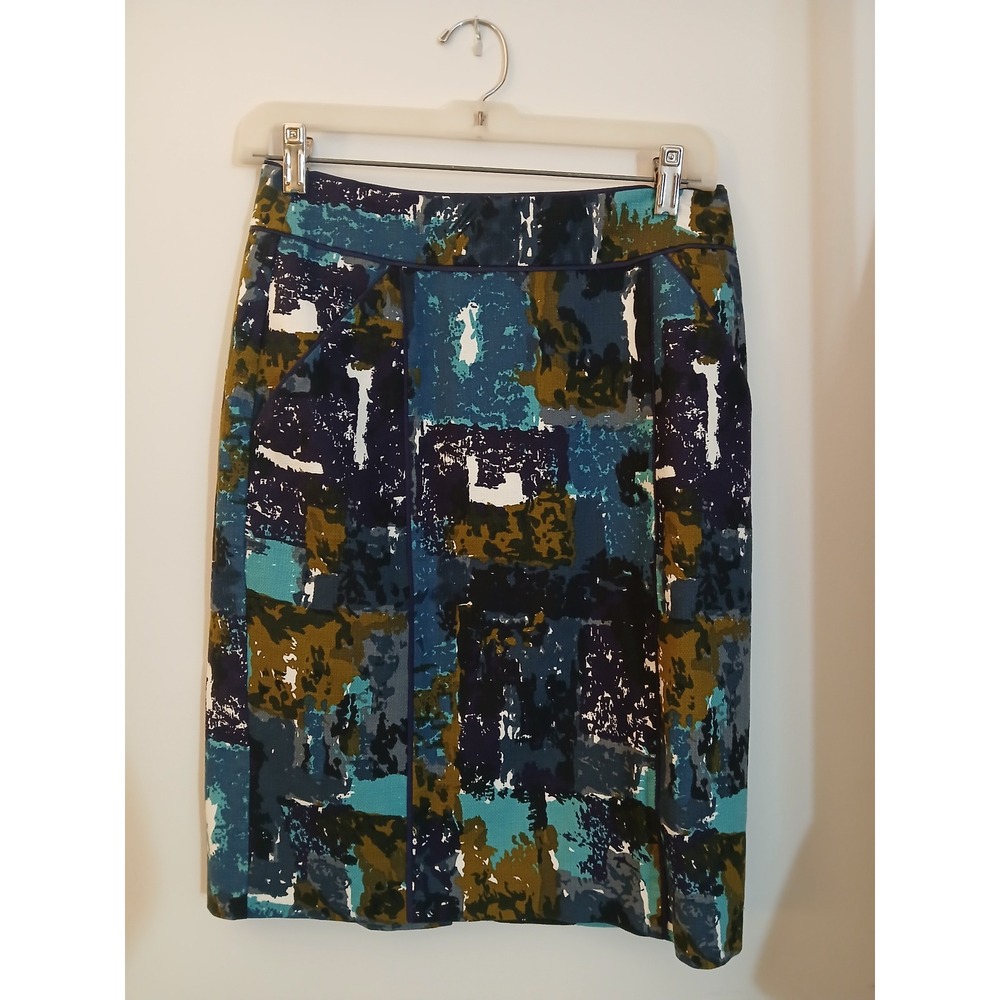 Tabitha Anthropologie sz 2 Abstract Painterly Print Pencil Skirt Blue Green